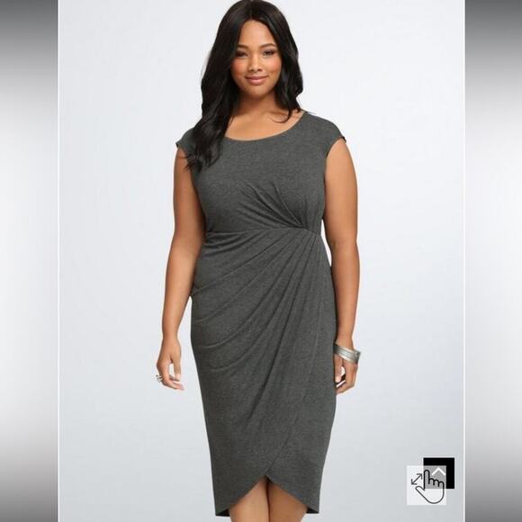 Torrid Shirred Tulip Gray Short Sleeve‎ Ruched Midi Dress in Charcoal Heather 1X - Picture 1 of 11